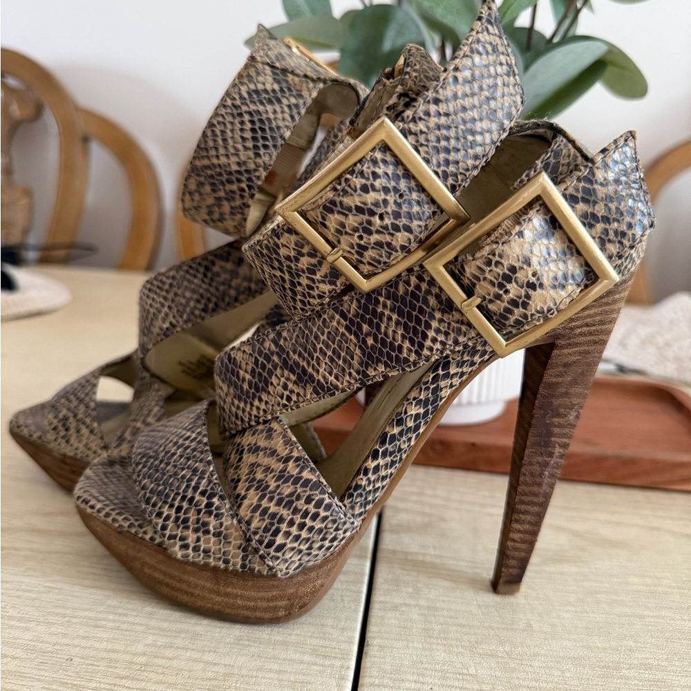 Jessica Simpson Snake Print Strappy High Heel Sandals with Gold Buckles - Picture 2 of 5